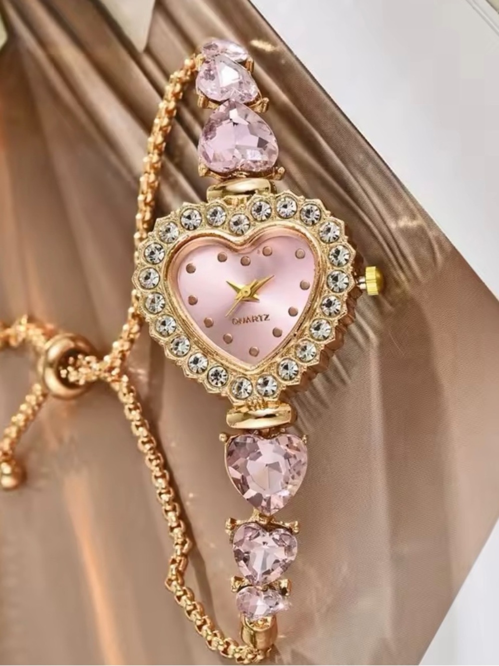 Kohl's Gold-Tone Pink Heart Crystal Bracelet Watch